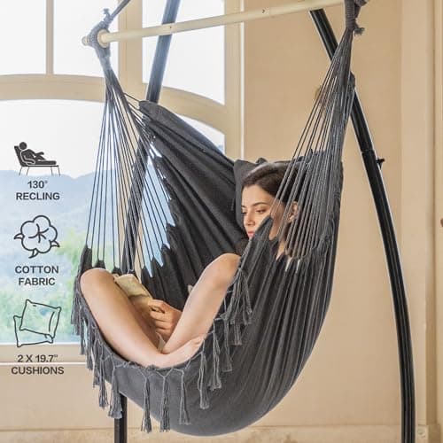 PNAEUT Hammock Chair with Stand Indoor Outdoor, Hanging Egg Swing Chair with Patented Adjustable Pillow, 2 Cushions, Bag, for Bedroom Balcony Patio, Stand 350lbs / Chair 500lbs Capacity (Dark Gray)