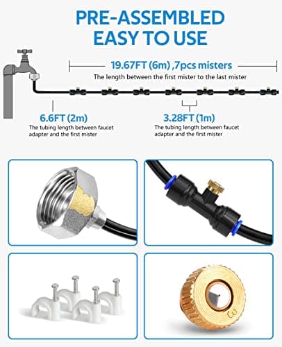 HOMENOTE Misting Cooling System, 26FT (8M) Misting Line + 7 Brass Mist Nozzles + Brass Adapter(3/4") Outdoor Mister for Patio Backyard Garden Greenhouse