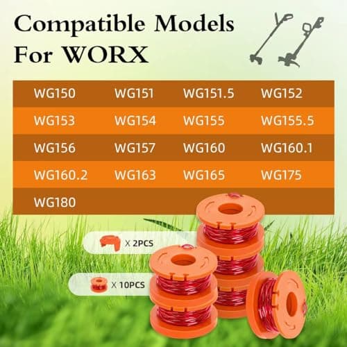 YMHB Trimmer Spool Line for Worx,12 Pack WA0010 Edger Spools Replacement for Worx, Trimmer Line Refills 0.065 inch for Worx, Suitable for Worx String Trimmers(10 Grass Trimmer Line, 2 Trimmer Cap)