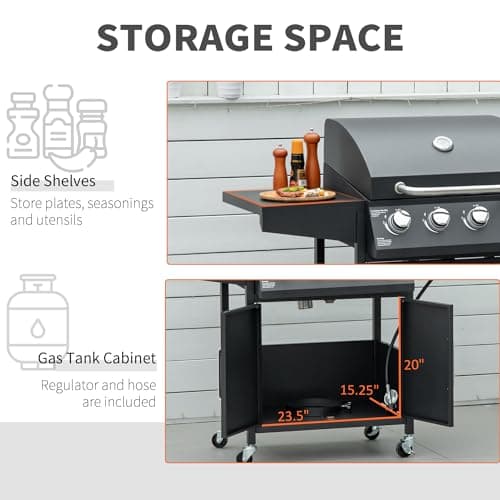 Outsunny 4 Burner Propane Gas Grill, 50,000 BTU Steel Outdoor Barbeque/Barbecue with Side Burner, Wheels, Warming Rack, Shelf, Cabinet, Thermometer, Black