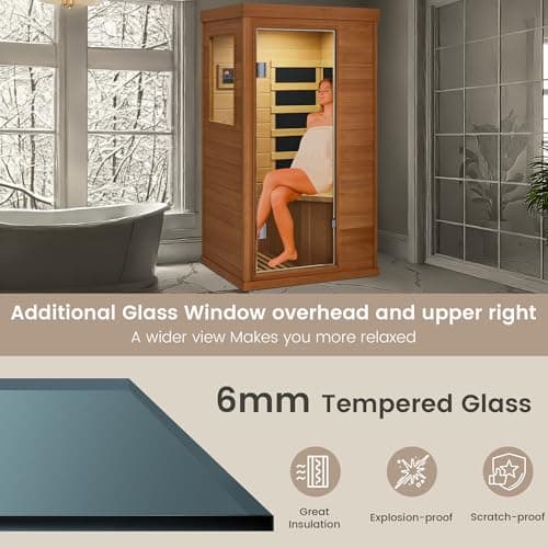 1 Person Infrared Sauna, Full Spectrum Mini Sauna for Home, Indoor Dry Sauna with 4 Heater Panels, Bluetooth Speaker, Tempered Glass Door, Compact and Easy to Use, 110V