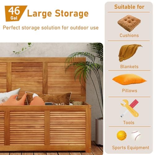 RELAX4LIFE Deck Box Acacia Wood - 46 Gallon Backyard Storage Bin Container for Patio Furniture Cushions, Pillows, Garden Tools, Pool Accessories, Wooden Porch Bench, Indoor Outdoor Storage Box