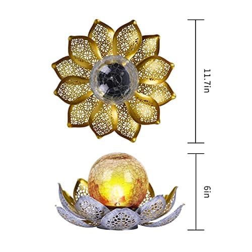 DUSVALLY Lotus Solar Globe LED Light Garden Decoration, Outdoor IP65-Waterproof Crack Glass Hollow Out Retro Silver Metal Light for Patio & Lawn & Pathway Landscape, 12" * 6"
