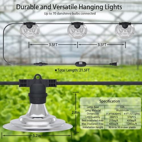 6-Light Outdoor LED Grow Lights – Waterproof Full Spectrum Greenhouse Lights for Plants, 21.3FT Adjustable String Lights with 288 LEDs E26 Base Bulbs, IP44 Waterproof for Garden, Farm, Yard