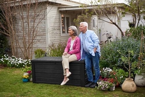 Keter Outdoor Storage Deck Box, 150 Gallon Resin Patio Bin & Bench, Solid, Dark Grey