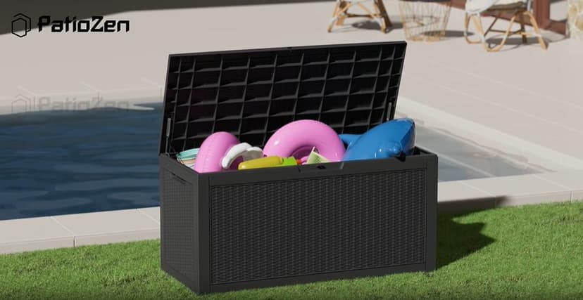 100 Gallon Resin Deck Box, Lockable Patio Outdoor Storage Box for Furniture, Garden Tools and Tools Storage, Waterproof Outside Storage Boxes - Black