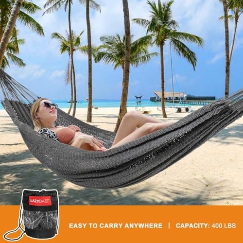 Lazy Daze Hammocks10.5 FT Handwoven Mayan Family Hammock with Portabl Carry Bag and for Outside Outdoor Patio Backyard Poolside, 550 LBS Weight Capacity,Gray