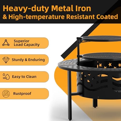 PrimeZone 42" Outdoor Fire Pit with 2 Grills - Wood Burning Firepit for Outside with Cover & Poker, Heavy Duty Metal Fire Pit Large Round Fireplace for Patio, Backyard, Picnic, Camping, Bonfire
