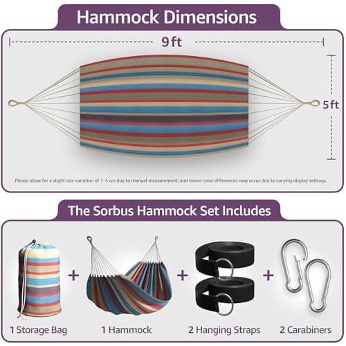 Sorbus® Brazilian Double Hammock - Extra-Long Two Person Portable Hammock Bed for Indoor or Outdoor Spaces - Hanging Rope, Carrying Pouch Included (Blue/Sand/Purple/Red Stripes)