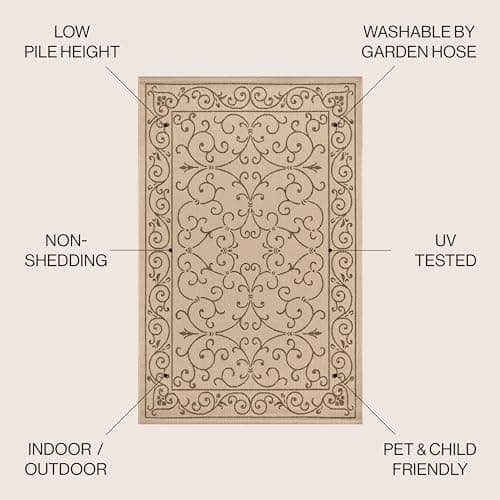 JONATHAN Y SMB106A-8 Charleston Vintage Filigree Textured Weave Indoor Outdoor Area Rug Classic Coastal Easy Cleaning Bedroom Kitchen Backyard Patio Non Shedding, 8 X 10, Beige/Brown