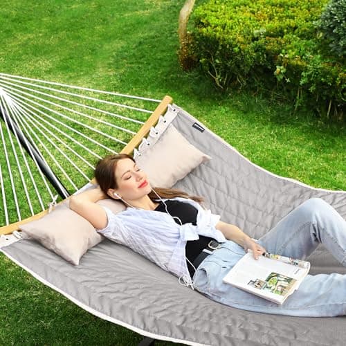 SONGMICS Hammock, Quilted Hammock with Curved Bamboo Spreaders, Pillow, 78.7 x 55.1 Inches, Portable Padded Hammock Holds up to 495 lb, Gray and Beige UGDC34CG