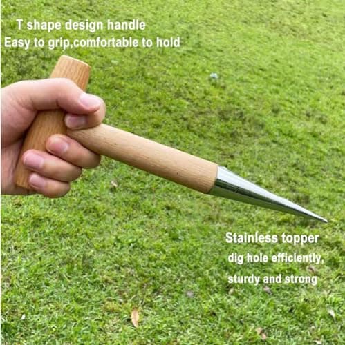 Hand Dibber Stainless Steel Sow Dibbler with Wooden Handle Garden Hole Punch Dibbler Tool for Planting Flowers Tulips, Transplanting Plants,Transplanting Seedling (Garden Dibbler)