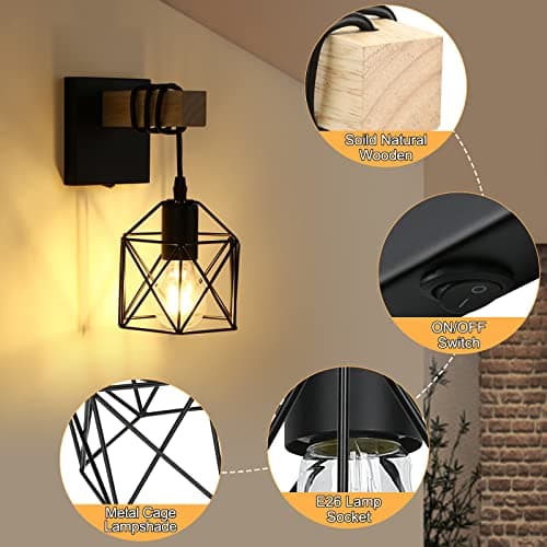 Black Wall Sconce with ON/Off Switch Pack of 2, Dimmable Cage Wall Mount Light Fixture Industrial Farmhouse Lighting, LG9939389