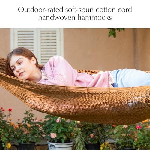 PNAEUT Mayan Hammock, Handwoven XL Thick Soft Rope Hammocks for Outdoor Indoor, Max 600 lbs Capacity, Tree Straps & Carabiners Included (Desert)
