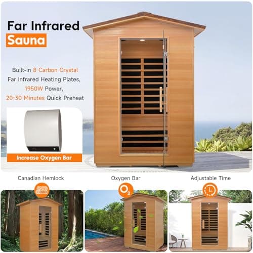 Outdoor Sauna 2 Person Far Infrared Saunas Dry Home Sauna Room Hemlock 1 to 2 Person Wood Sauna 1950W/110V Low EMF with Bluetooth Speaker, Reading Light, Cup Holder and Towel Rack - 47*39*82 IN