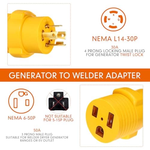 Kanayu Generator to Welder Adapter Compatible with Nema L14-30p to 6-50r 30 Amp 4 Prong Lock Male Plug to 3 Prong Female Receptacle Adapter Dryer Ev Charger Power Cord Connector 250v(Yellow)