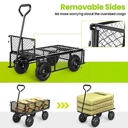 Homdox Steel Garden Cart 680 lbs Capacity Heavy Duty Garden Wagons,with Removable Steel Mesh Sides to Convert into Flatbed,Utility Metal Wagon w/ 180°Rotating Handle (Black, 680lbs)