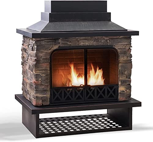 Sunjoy Outdoor Fireplace, Heavy Duty Patio Wood Burning Fireplace with Steel Chimney, Mesh Spark Screen Doors, Removable Grate and Fire Poker, Black