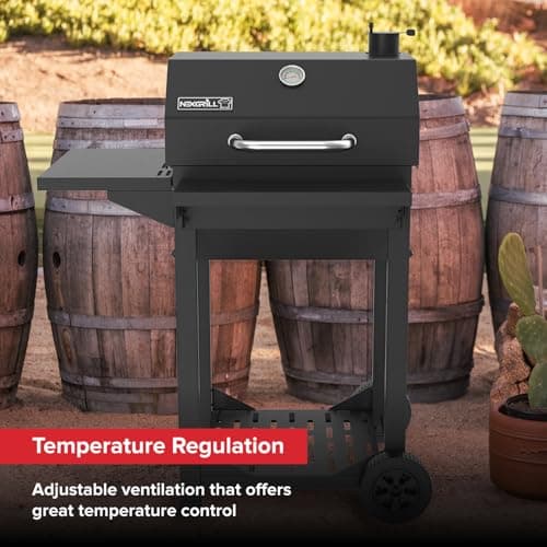 Nexgrill 22" Barrel Charcoal Grill with Side Shelf, 550 SQ In Cooking Space, Adjustable Chimney, Air Dampers, Temperature Gauge, Warming Rack, Smoker Grill for Camping, Picnics, and More - 810-0025