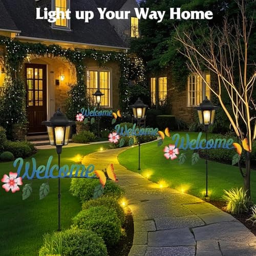 Solar Garden Lights Butterfly, 36.6 Inch Solar Lamp Post Light with Welcome Sign & Butterflies, Outdoor Waterproof Solar Stake Lights for Yard Porch Patio Pathway Gardening Gifts, 2 Pack