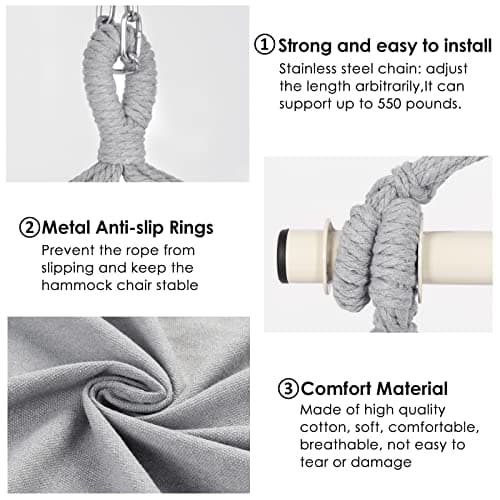 Y- Stop Hammock Chair Hanging Rope Swing Chair, Max 500 Lbs, 2 Seat Cushions Included, Removable Steel Spreader Bar with Anti-Slip Rings, Hardware kit-for Indoor or Outdoor(Light Grey)