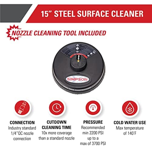 Simpson Cleaning 80165 Universal 15" Steel Pressure Washer Surface Cleaner for Cold Water Machines, 1/4" Quick Connection, Recommended Min 2200 PSI up to Max of 3700 PSI, Black