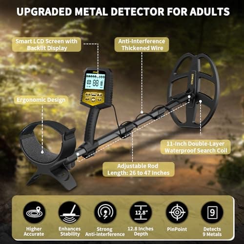SAKOBS Metal Detector for Adults Professional – Higher Accuracy 9 Types of Metal Target Detection, 11" Waterproof Double-D Coil, New Upgraded DSP Chip and LCD Display （12.8" Detection Depth）
