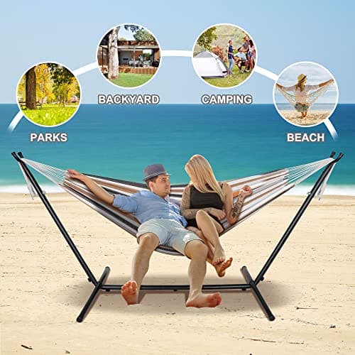 SUPER DEAL Portable 2 Person Hammock with 9FT Hammock Stand, 620 LBS Capacity Adjustable Hammock Bed with Space Saving Carrying Case Included for Camping Garden Backyard Patio Indoor Outdoor