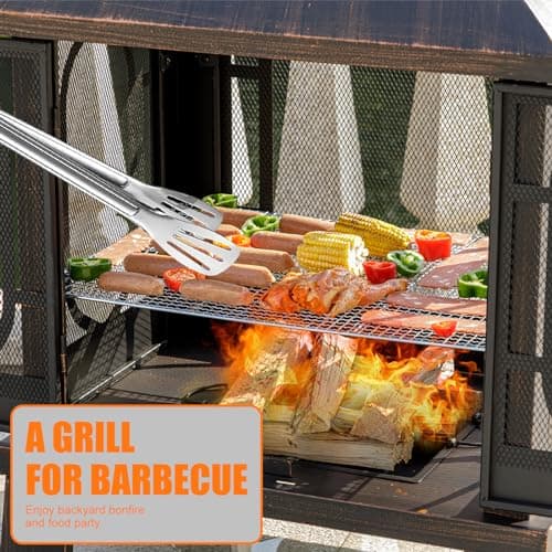 45" H×31''W Metal Chiminea Fire Pit with Grill, Wood Burning Fire Pits for Outside,Square Chimineas Fireplace with Mesh Spark Screen Door& Fire Poker for Garden,Yard,BBQ,Bonfire