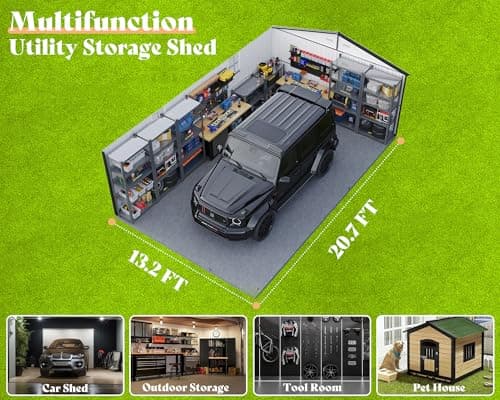 AMERLIFE 13.2x21x8 FT Outdoor Storage Shed, Huge Metal Garage Shed with 2 Double Hinged 4 Windows and Doors, Carport for Car, Truck, Bike, Garbage Can and Lawnmower, Dark Grey