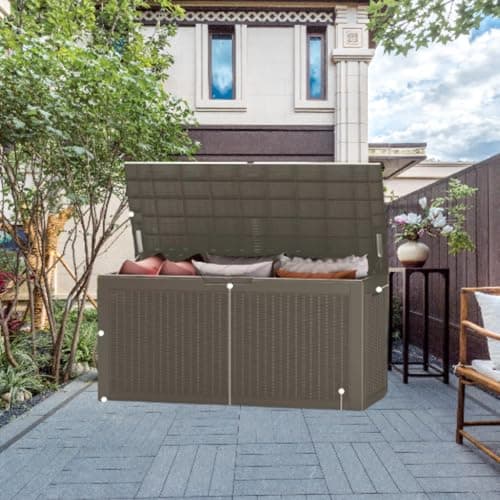 100 Gallon Lockable Resin Deck Box, Waterproof & UV-Resistant Outdoor Storage Box for Cushion Storage and Outdoor Delivery Storage,Coffee