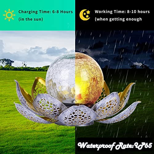 DUSVALLY Lotus Solar Globe LED Light Garden Decoration, Outdoor IP65-Waterproof Crack Glass Hollow Out Retro Silver Metal Light for Patio & Lawn & Pathway Landscape, 12" * 6"