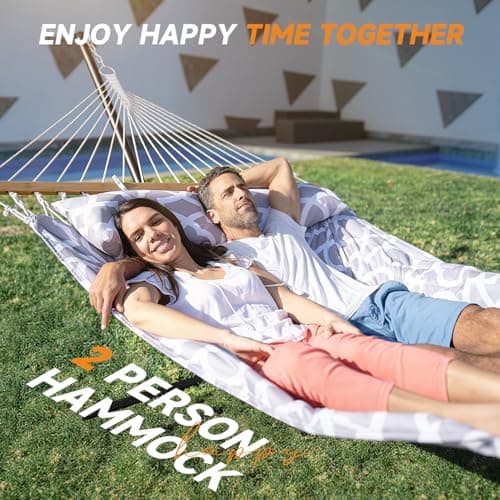 Double Hammock with Stand, 2 Person Cotton Rope Hammock with Removable Polyester Pad, 500LBS Capacity, Portable & Adjustable Design, Includes Storage Bag, Indoor Outdoor Use,White-Gray