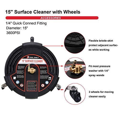 Tool Daily 15 Inch Pressure Washer Surface Cleaner Attachment with Wheels, with 2 Power Washer Extension Wands and 2 Replacement Nozzles, 3600 PSI, Black