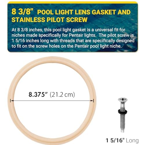 (1 Set) 8 3/8" Pool Light Lens Gasket and Stainless Pilot Screw - Exact Replacements for Pentair 79101600Z and 79104800 - Compatible with Pentair IntelliBrite, AmerLite, and SAM Amerlite Lights