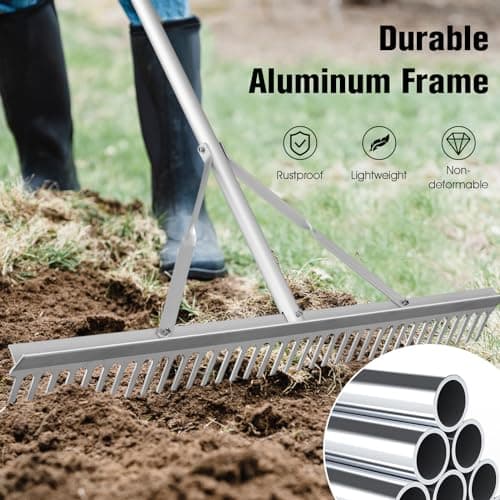 Goplus Landscape Rake 36 Inch, Aluminum Rake Head w/36 Tines and 68" Long Non-Slip Handle, Yard Rake Tool for Loosening & Leveling Soil, Landscaping Rake Beach Garden Lawn Care, Collecting Leaves