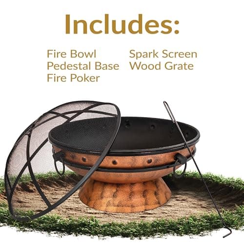 Sunnydaze 30-Inch Large Outdoor Fire Pit - Wood Burning Fire Pit for Outside with Poker and Screen - Copper Finish - Royal Cauldron