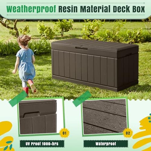Greesum 82 Gallon Resin Deck Box Large Outdoor Storage for Patio Furniture, Garden Tools, Pool Supplies, Weatherproof and UV Resistant, Lockable, Dark Brown