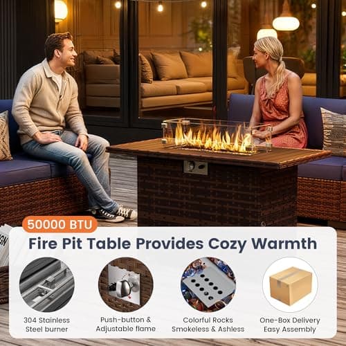 UDPATIO Patio Furniture Set with Fire Pit Table, 8 Piece Outdoor Sectional Modular Sofa, Wicker Outdoor Furniture Conversation Sets with Waterproof Cover for Backyard Deck (Brown/Navy Bule)