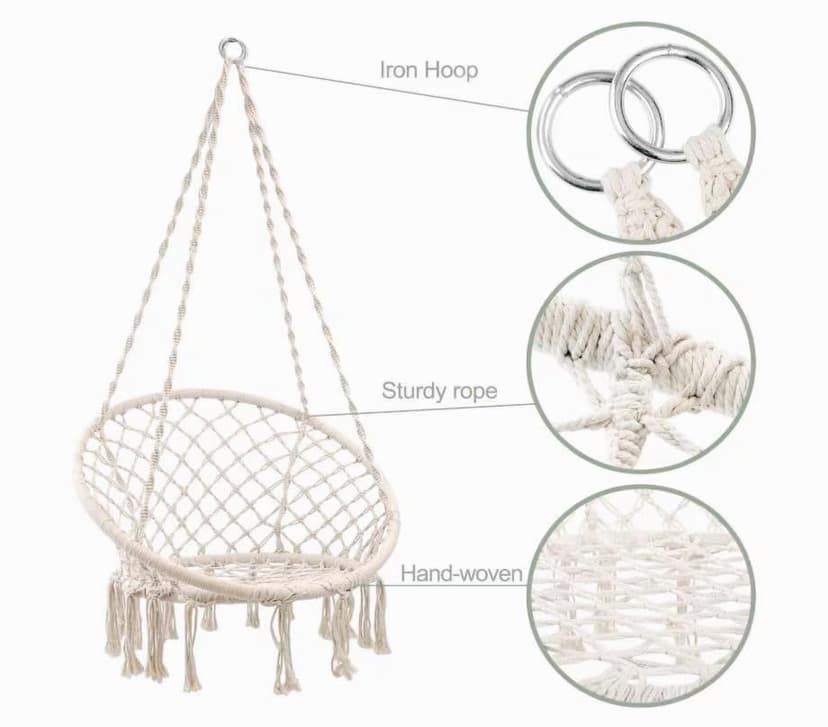 Hammock Hanging Swinging Chair,Hanging Cotton Rope Swing Chairs with Cushion and Hardware Kits, Hanging Chairs for Indoor Balcony and Outdoor Use,Perfect for Bedroom, Porch, Kids, Adults, (330 Lbs)