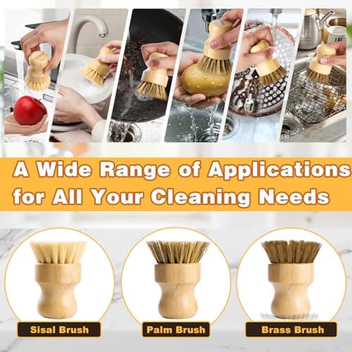 Bamboo Dish Brush Set, 3 Pcs Wooden Scrubber, Brass Brush and Pot Brush with Sisal and Palm for Cleaning Vegetables, Pots and Ovens