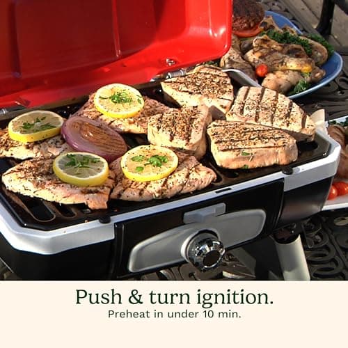 Cuisinart Petite Gourmet Portable Gas Grill, Compact & Lightweight Tabletop Small Grill for BBQs, Camping, Tailgates & Small Spaces, 5,500 BTU Burner Folding with Carry Handles, Red