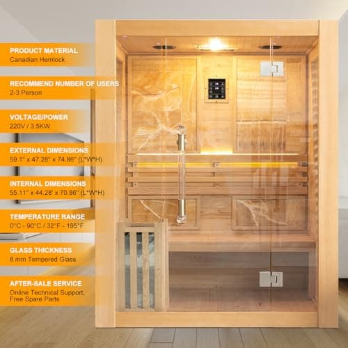 Smartmak Wood Home Steam Sauna, 3 Person Canadian Hemlock Traditional Luxurious Wooden Indoor Spa Room, with 3.5 kw Heater, Bluetooth Speaker, Rocks, Water Bucket, Spoon, Hygrothermograph, Lights
