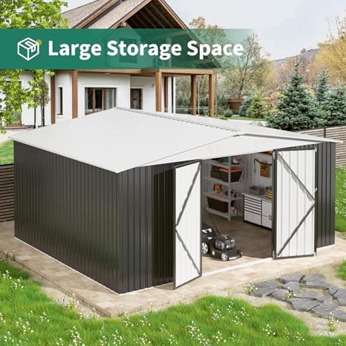 12x14 FT Outdoor Storage Shed, Metal Shed with Updated Frame Structure and Lockable Doors, Large Shed Upgrade Height Ideal for Garden, Backyard, Patio Utility and Tool Storage, White