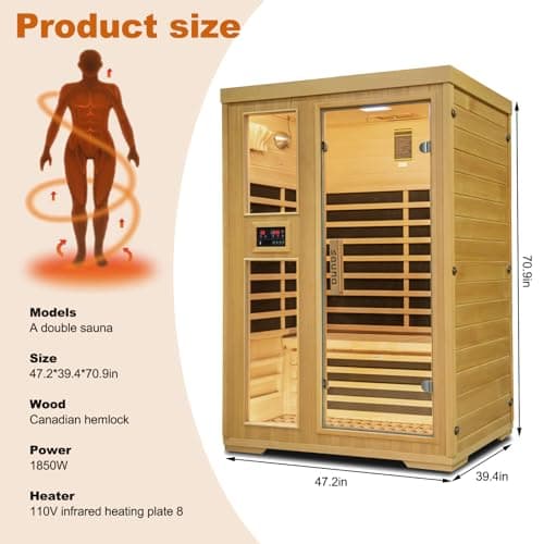2-Person Infrared Sauna, Indoor Home Sauna Room Hemlock Wood Sauna Low EMF Far Infrared Heating with Tempered Glass Door Bluetooth Speakers, Chromotherapy Lights for Family（110V, 1850W）Truck delivery