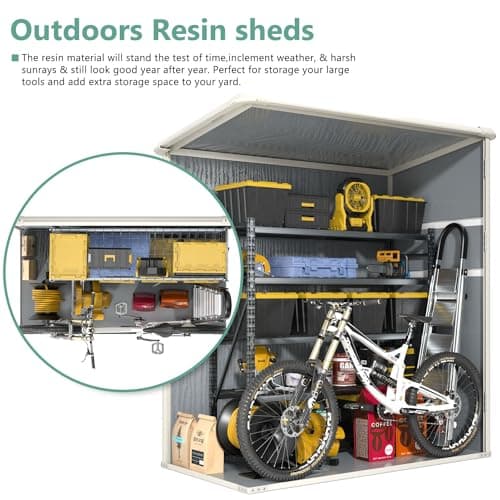 Aoxun Outdoor Storage Shed 5 x 3FT, Resin Shed with Floor and Lockable Door, Plastic Shed for Bike, Garbage Can, Tool, Accessories, Lawn, Garden - Grey