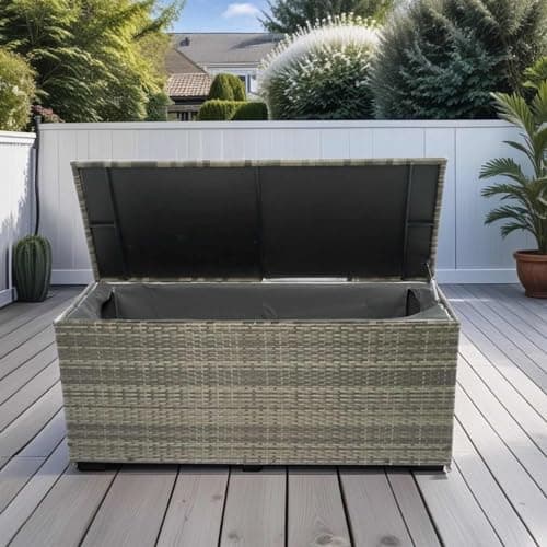 Rattan Outdoor Storage Box with Waterproof Liner, Portable Dual-Purpose Patio Deck Box & Side Table