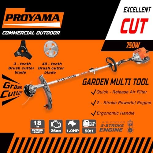 PROYAMA 26cc 6 in 1 Multi Functional Trimming Tools, Gas Hedge Trimmer, Weed Eater, String Trimmer, Brush Cutter, Edger, Pole Saw Chainsaw Pruner with Extension Pole