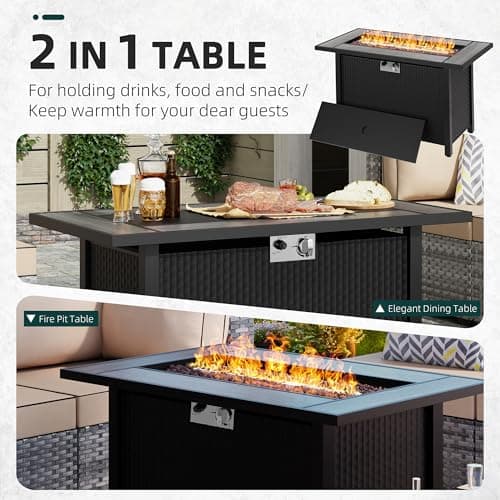 SUNLEI 45" Gas Fire Pit Table, 2 in 1 Fire Pits & Outdoor Fireplaces with Removable Lid & Waterproof Cover, 50000 BTU Patio Outdoor Propane Fire Pits with Lava Rock and Alumium Frame Tables