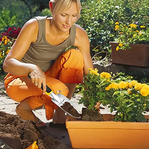 Transplanter Trowel Garden Shovel Hand Trowel Cast-Aluminum Heavy Duty Gardening Tool Depth Marker Measurement Trowel with Ergo Handle for Digging and Planting Engraved Depth Guide (Yellow)